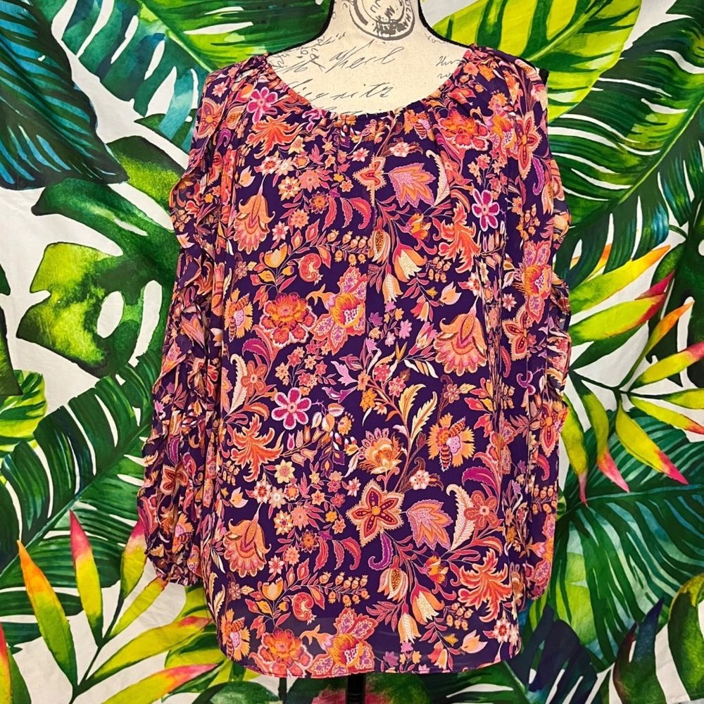 NWOT 1. State Large Orange Purple Slit Sleeve Lined Office Fall Colorful Blouse